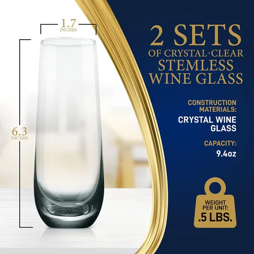Vista 8 de Copas de champán sin tallo de 9.4 onzas, juego de 2 elegantes vasos de cristal transparente con borde estrecho, sin plomo, apto para lavavajillas