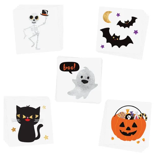 Vista 3 de Flash Tattoos Bonito juego de 25 piezas surtidas inspiradas en Halloween, impermeables, metálicas, de oro y plata, tatuajes temporales de papel