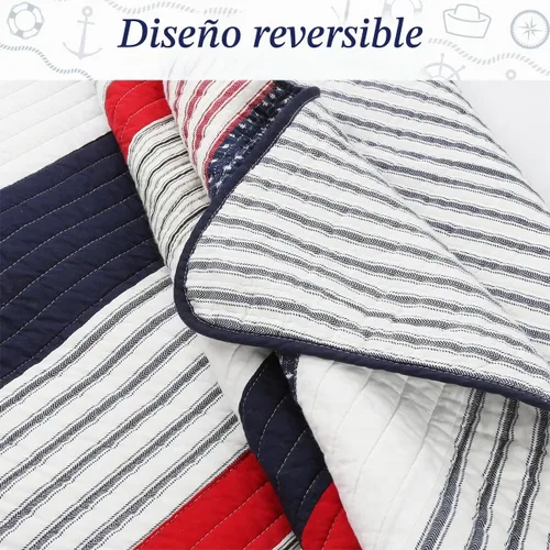 Vista 3 de Cozy Line Home Fashions Juego de ropa de cama acolchado reversible de 100% algodón con rayas azul marino y rojas, estrella patriótica para niño
