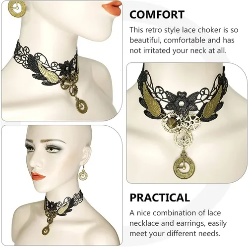 Vista 4 de Generic Gargantilla de encaje gótico, aretes vintage, collar steampunk, gargantilla de engranaje, accesorios de disfraz para mujeres y niñas, 3