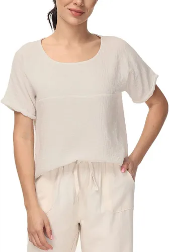 Vista 4 de Soojun - Blusa de algodón y lino para mujer, cuello redondo, diseño entramado