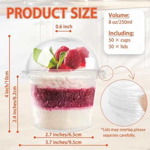 Vista 2 de Jnnzzggu 50 vasos de plástico desechables de 8 onzas con tapas de cúpula, taza de postre transparente, mini recipientes de aperitivo de parfait