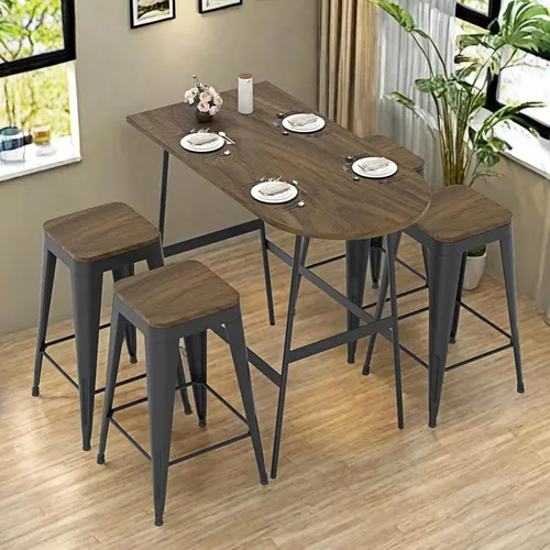 Vista 8 de Juego de 4 taburetes de bar sin respaldo de 24 pulgadas, taburetes de bar de metal para interiores con asiento de madera, taburetes de bar Negro