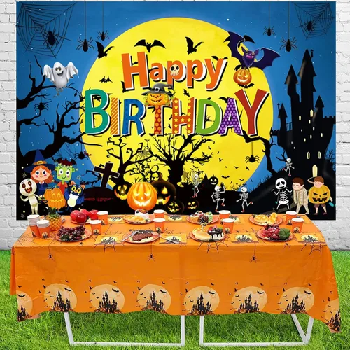 Vista 4 de Sensfun Telón de fondo de cumpleaños de Feliz Halloween, Luna Noche, Calabaza, Fondo de cumpleaños, Castillo Fantasma, Telón de fondo de Halloween