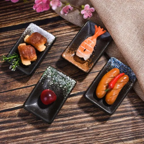 Vista 8 de Juego de 4 platos de cerámica para salsa de soja, rectangulares pequeños de 3.35 pulgadas, platos de inmersión de sushi con textura