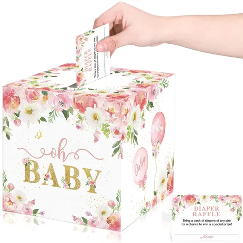 Vista 8 de Pajean Juego de 50 boletos y cajas para rifas de pañales florales, flores de acuarela, consejos y deseos para los futuros padres, accesorio