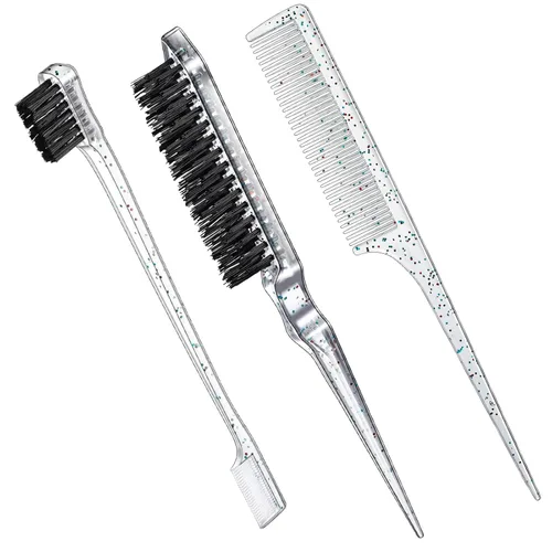 Vista 8 de Geiserailie Juego de 3 cepillos para cabello peinado hacia atrás, cepillo de cerdas, control de bordes, peine para desenredar para cabello negro