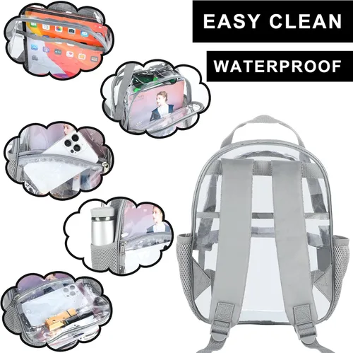 Vista 6 de Mochila de plástico transparente aprobada para estadios, perfecta para el trabajo, escuela, viajes, Gris, Compacto