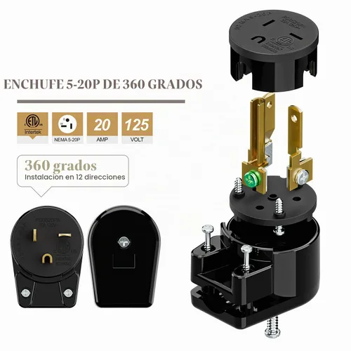 Vista 5 de Enchufe de CA macho de 3 clavijas de EE. UU., ángulo recto, ETL Nema 5-20P, 3 polos rewirable, 20A 125V USA 3Pin Conector de CA, enchufe giratorio