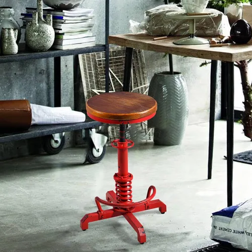 Vista 6 de Topower Industrial Retro Vintage Farm Asiento de madera Tractor Taburete Cocina Giratorio Altura Ajustable Taburete de bar Rojo Antiguo