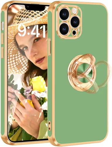Vista 13 de Fingic - Funda para iPhone 13 Pro Max con soporte giratorio de 360° Shiny Gold Edge Slim Soft TPU Shockproof Protective Phone Case for Women Men