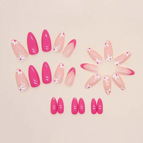 Vista 2 de RikView Uñas postizas a presión de color rosa medianas, con diseño de flores, uñas de almendra, uñas acrílicas brillantes, 24 unidades por juego