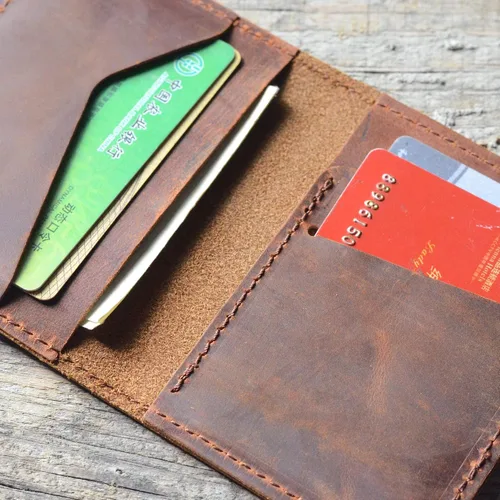 Vista 7 de JJNUSA Billetera de cuero minimalista hecha a mano para hombre, diseño de flores marrones