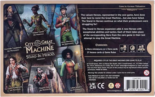 Vista 3 de City of The Great Machine. Expansión del juego de mesa de héroes de pie 1-4 jugadores Edades 14 en adelante Steampunk Uno contra muchos