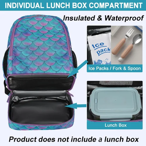 Vista 3 de DIPUG Mochila escolar para niños y niñas, con compartimento para lonchera, Mermaid Scales, Impreso