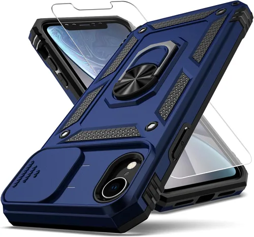 Vista 9 de Funda para iPhone XR, cubierta de lente de cámara deslizante integrada+soporte de anillo de dedo+protector de pantalla, funda protectora de cuerpo
