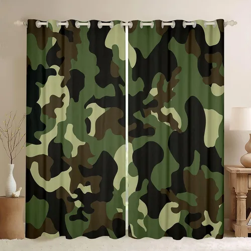 Vista 10 de Cortinas de camuflaje rústicas de camuflaje para dormitorio, sala de estar, decoración de cabaña, caza, ejército, negro, verde, aislamiento térmico