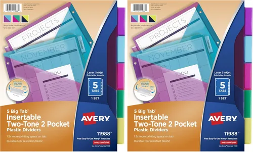 Vista 9 de Avery Big Tab - Separadores de plástico insertables con 2 bolsillos para carpetas de 3 anillas, juego de 5 pestañas, multicolor brillante de dos