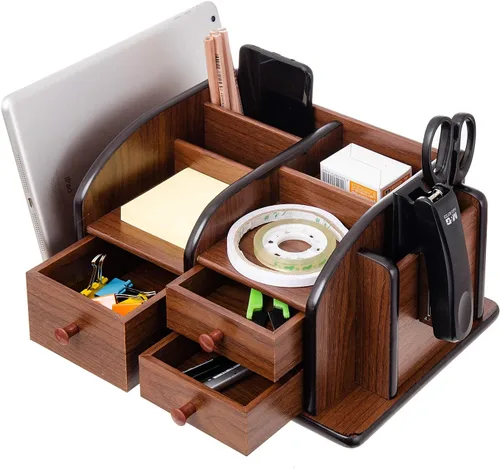 Vista 3 de Liry Products - Organizador de escritorio de madera marrón, múltiples compartimentos, 3 cajones, ranuras, 2 estantes, soporte para suministros