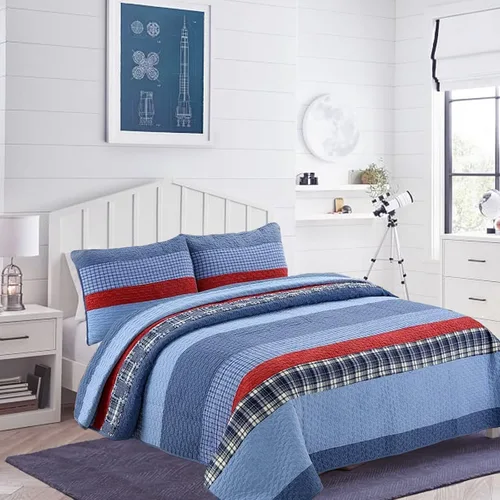 Vista 11 de Juego de ropa de cama de algodón con retazos reales a rayas azul marino, colcha reversible, colcha (Denim, Queen, 3 piezas)