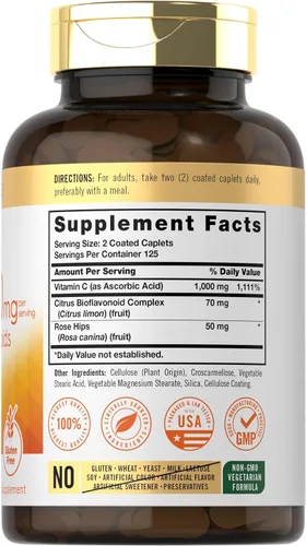 Vista 2 de Carlyle Vitamina C 1000mg con Bioflavonoides 250 Comprimidos con Escaramujo Suplemento Vegetariano, Sin OMG, Sin Gluten