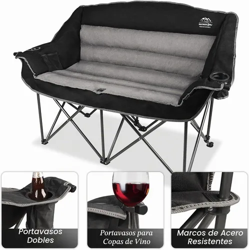Vista 4 de Sillas de camping dobles plegables totalmente acolchadas, cómoda silla de jardín de gran tamaño con soporte para copa de vino, soporte para tazas