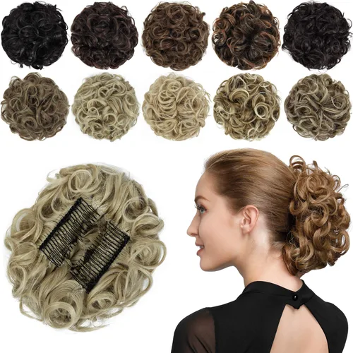 Vista 15 de Rose bud Postizo de Moño Rizado Extensiones de Moño Coletero Peinado Recogido Peinetas Sintéticas en Moño Desordenado Postizo de Cabello