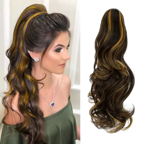 Vista 38 de Felendy Extensión de cola de caballo de 18 pulgadas, mezcla de rubio ceniza, marrón oscuro, rizado, ondulado, con clip, extensiones de cabello largo
