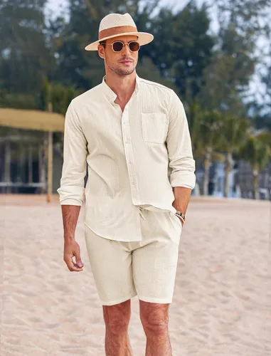 Vista 2 de COOFANDY Conjuntos de lino para hombre, 2 piezas, camisa de manga larga y pantalones cortos casuales con cordón en la cintura, trajes de verano