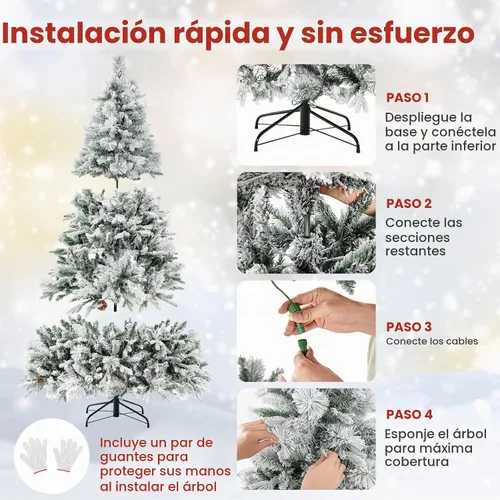 Vista 4 de Goplus - Árbol de Navidad artificial de 7 pies con nieve ya colocada, árbol de Navidad artificial con bisagras, con 320 luces LED multicolor, 8