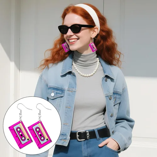 Vista 5 de 3 pares de aretes de neón con cinta de casete retro de los años 80 y 90 para mujer, traje de los años 80 y 90, aretes acrílicos de radio, joyas