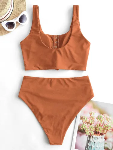 Vista 6 de ZAFUL - Traje de baño estilo bikini de dos piezas con cuello redondo y cintura alta para mujer