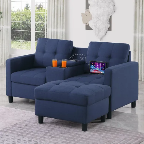 Vista 14 de Sofá modular de 55 pulgadas con otomana móvil, sofá de 2 asientos para espacios pequeños, sofá de nube en forma de L, sofá modular pequeño para sala