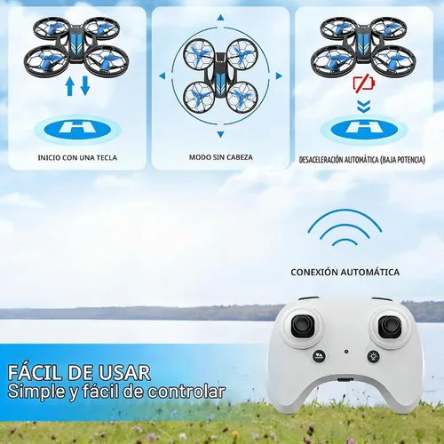 Vista 6 de Drones - Drone RC con auto flotante y modo sin cabeza, cuadricóptero con luz LED, hélice de protección completa, giros 3D, 3 baterías, control