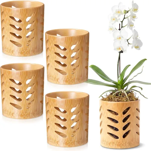 Vista 9 de Paquete de 2 macetas de bambú, maceta redonda transpirable de 4 pulgadas con diseño hueco para un flujo de aire óptimo, orquídea marrón claro