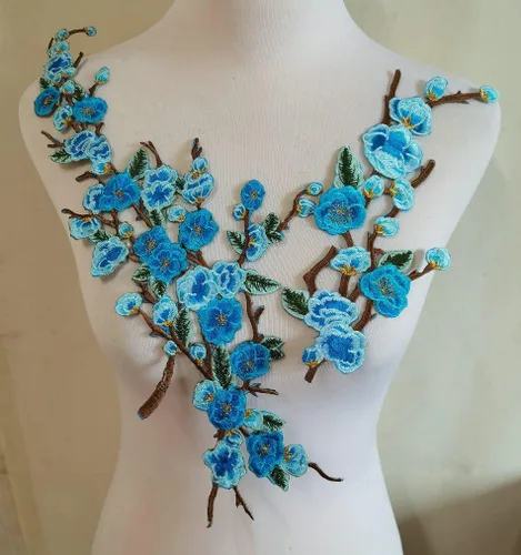 Vista 6 de 1 juego/2 piezas de parches de bordado de flores de Quince Sakura para planchar, appliques para decoración DIY (Azul)