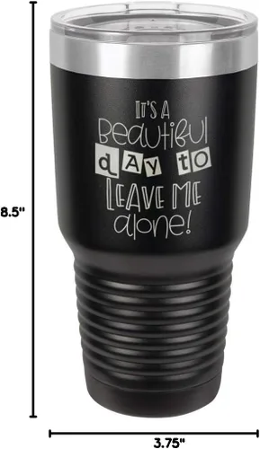 Vista 10 de Taza de viaje de acero con recubrimiento de polvo grabado por láser con grabado «It 'S A BEAUTIFUL DAY TO LEAVE ME ALONE» de 325 ml con campana