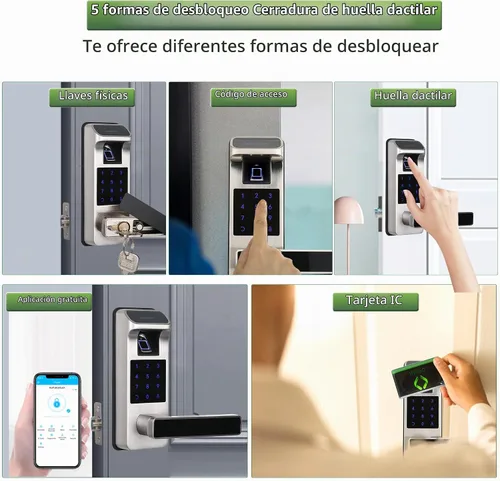 Vista 3 de Cerradura de puerta inteligente, cerradura de puerta de entrada 5 en 1 sin llave, bloqueo de teclado digital con control completo de aplicación