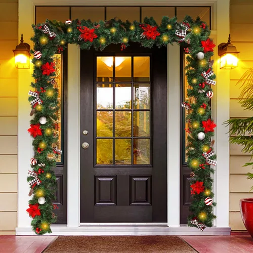 Vista 4 de Guirnalda de Navidad con luces, decoraciones de Navidad preiluminadas de 9 pies con 50 luces LED, con caja de batería impermeable, uso en interiores