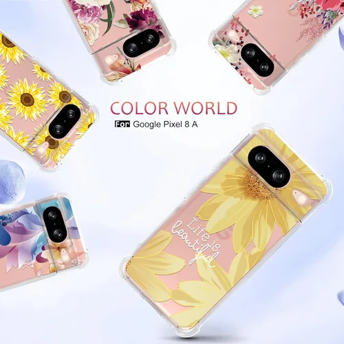Vista 6 de Osophter Funda para Google Pixel 8A: funda de goma TPU flexible para absorción de impactos y flores para mujeres y niñas (flor de sol grande)