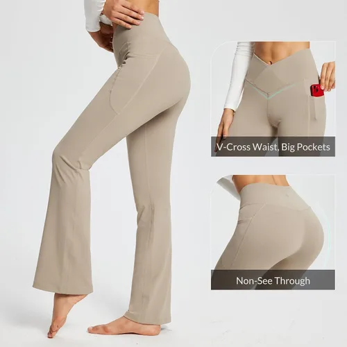 Vista 3 de BALEAF Leggings acampanados para mujer, pantalones de yoga cruzados a la moda, cintura alta, casuales, con bolsillos