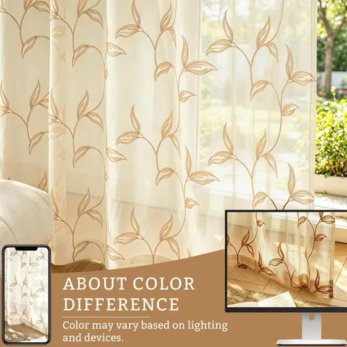 Vista 7 de VISIONTEX 2 paneles de cortinas traslúcidas de 63 in de largo, cortinas de gasa semitransparentes bordadas con hojas florales beige, bolsillo