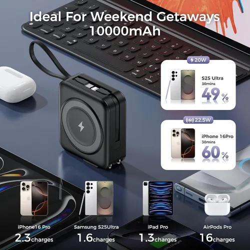 Vista 7 de Banco portátil del poder del cargador 10000mAh construido en cables y enchufe de pared PD 22.5W USB C carga rápida, carga inalámbrica magnética
