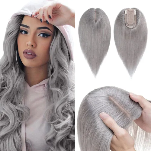 Vista 12 de Hairro Toppers de cabello humano 100% real para mujeres sin flequillo, postizos de cabello real con clip, base de seda transpirable para cubrir