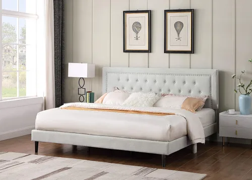 Vista 9 de Base de cama de plataforma tapizada tamaño matrimonial con cabecero ajustable de 48 pulgadas de alto, cama de terciopelo de lino con botones