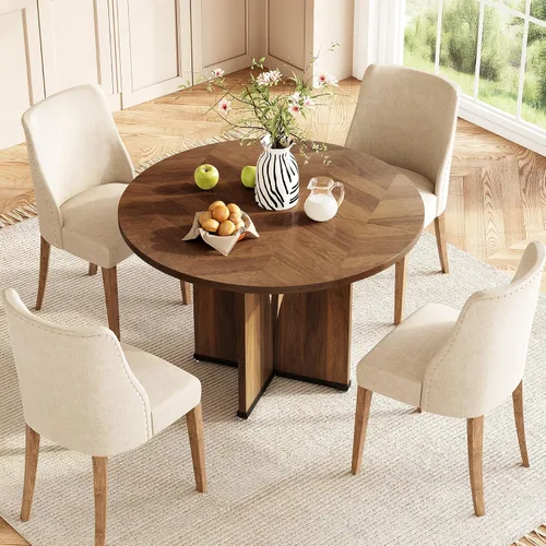 Vista 3 de LITTLE TREE Mesa de comedor redonda de 39 pulgadas para 4, mesa de cocina rústica con pedestal estable en forma de X, mesa de comedor