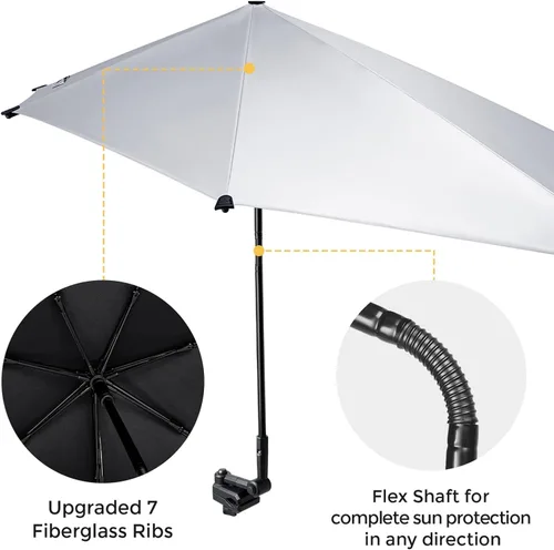 Vista 4 de G4Free Sombrilla de playa ajustable UPF 50+ XL con abrazadera universal para silla, cochecito, silla de ruedas, carrito de golf, grada, patio