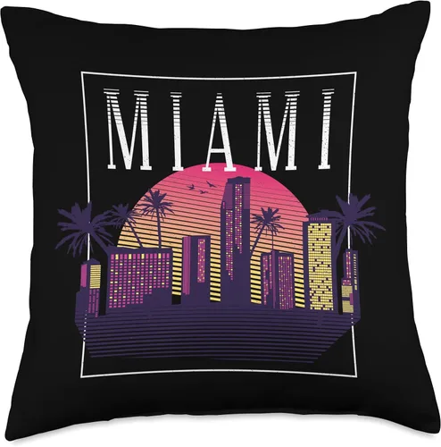 Vista 4 de Miami Florida USA Skyline Silhouette Outline Sketch Throw Pillow