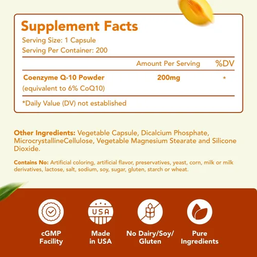 Vista 2 de Coenzima Q10 200 mg CoQ10 Suplemento -Una vez al día CoQ10 200mg Cápsulas en polvo para la salud del corazón, antioxidantes y apoyo energético, sin