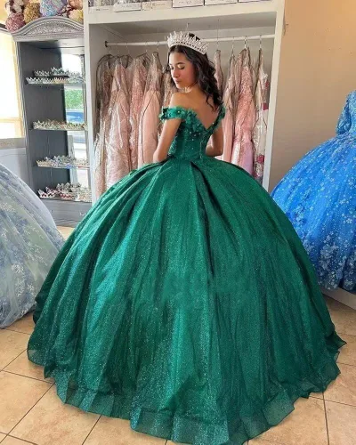 Vista 6 de Youjiayi Vestidos de quinceañera florales 3D para mujer, vestidos largos de tul hinchados, vestidos de baile de graduación con hombros descubiertos